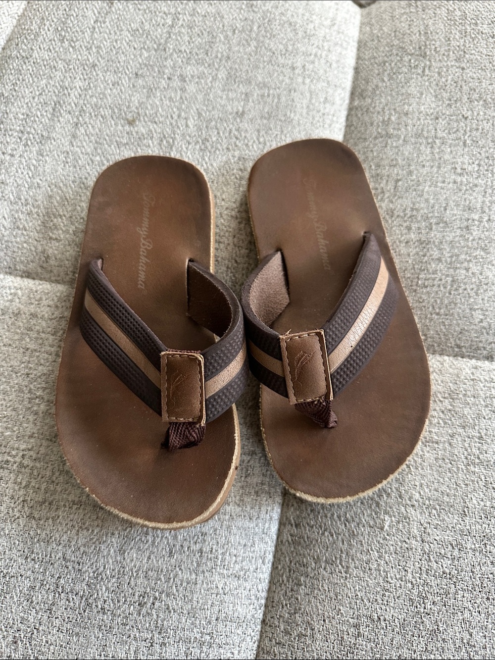 Tommy Bahama Brown Leather-Style Boys' Flip-Flops with Striped Fabric Straps